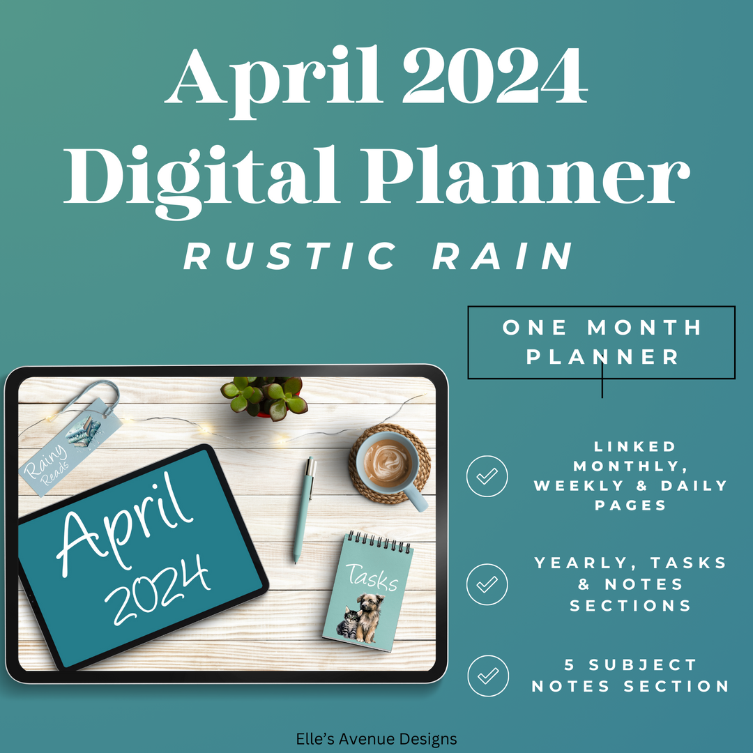 April 2024 One Month Digital Planner | Rustic Rain Theme
